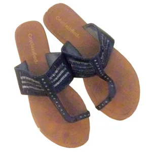 🌞 Cityclassified Black &amp; Silver shiny Beaded flip flop toe loop sandals 7