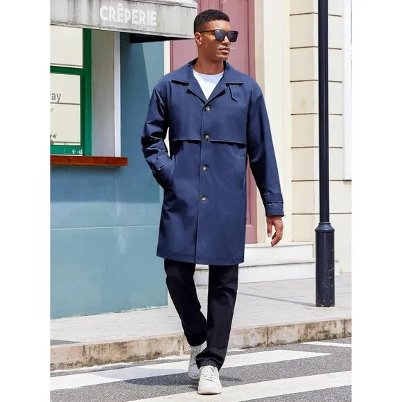 💫 Men Blue Mid Long Trench Coat Single Breasted Slim Fit Casual Fall Jackets
