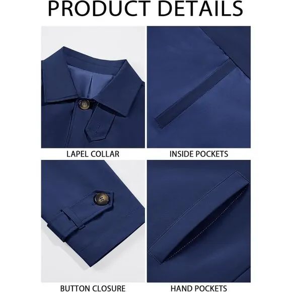 💫 Men Blue Mid Long Trench Coat Single Breasted Slim Fit Casual Fall Jackets