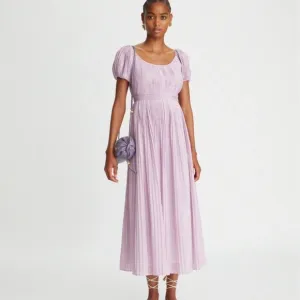 💜 NEW Tory Burch Belted Pleated Checked Cotton And Silk Voile Maxi Dress 💜