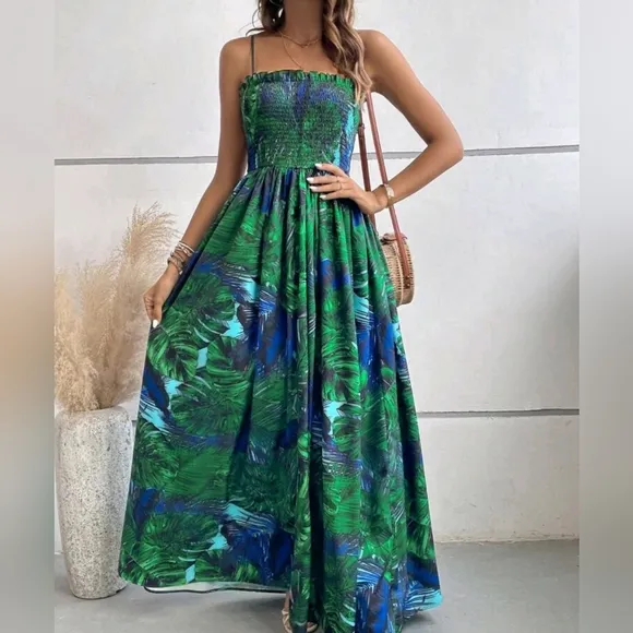 * New Tropical Floral Print Maxi Stretch Cami Tube Top Dress Blue Green
