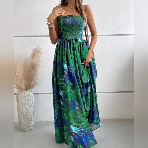 * New Tropical Floral Print Maxi Stretch Cami Tube Top Dress Blue Green