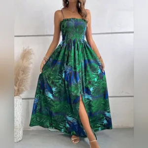* New Tropical Floral Print Maxi Stretch Cami Tube Top Dress Blue Green