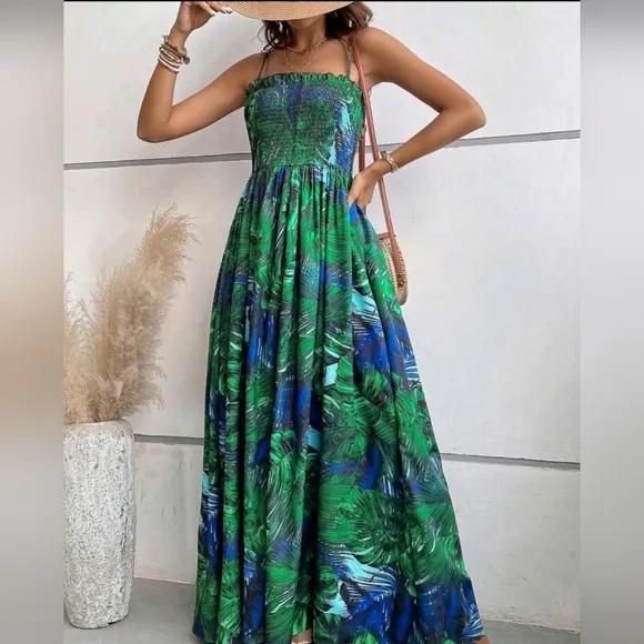* New Tropical Floral Print Maxi Stretch Cami Tube Top Dress Blue Green