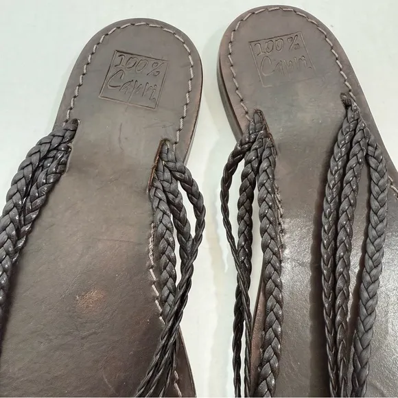 100% Capri Leather Brown BraidedThong Sandals Made In Italy