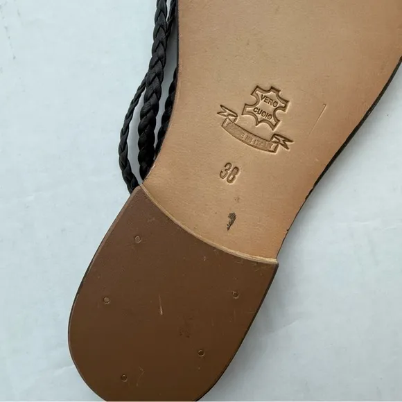 100% Capri Leather Brown BraidedThong Sandals Made In Italy