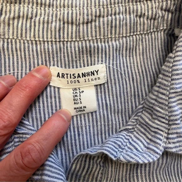 100% Linen Shift Dress Railroad Stripe Shirt Sleeve Mini Dress Size Small (CN)