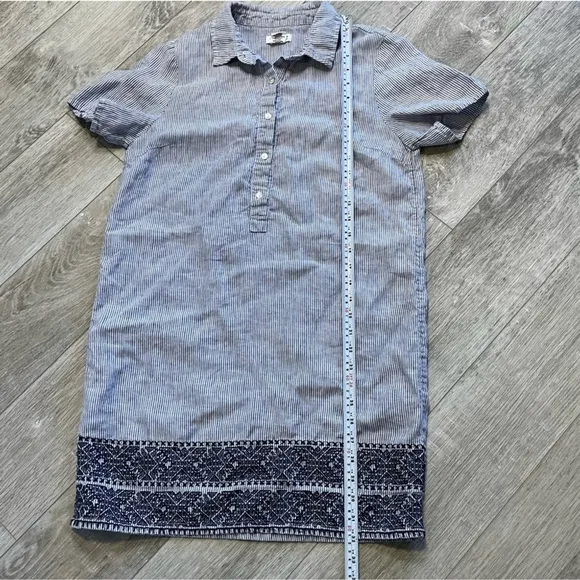 100% Linen Shift Dress Railroad Stripe Shirt Sleeve Mini Dress Size Small (CN)