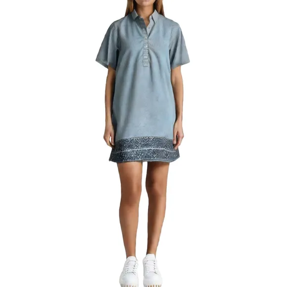 100% Linen Shift Dress Railroad Stripe Shirt Sleeve Mini Dress Size Small (CN)