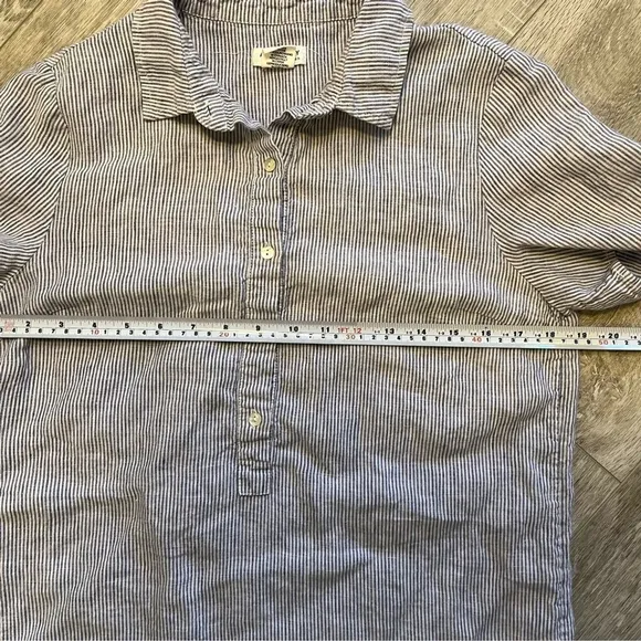 100% Linen Shift Dress Railroad Stripe Shirt Sleeve Mini Dress Size Small (CN)
