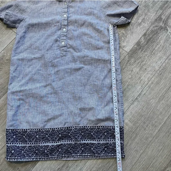 100% Linen Shift Dress Railroad Stripe Shirt Sleeve Mini Dress Size Small (CN)