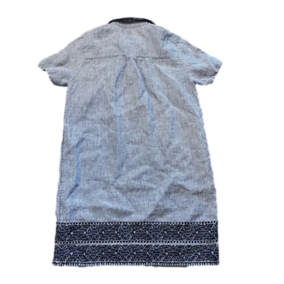 100% Linen Shift Dress Railroad Stripe Shirt Sleeve Mini Dress Size Small (CN)
