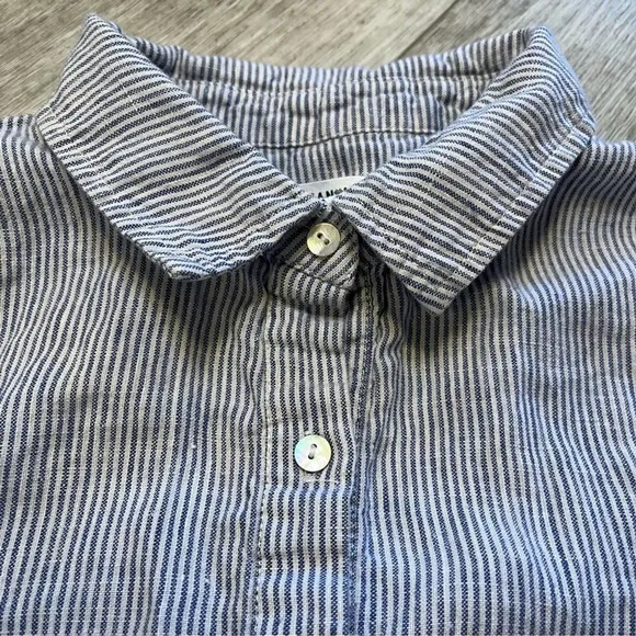 100% Linen Shift Dress Railroad Stripe Shirt Sleeve Mini Dress Size Small (CN)