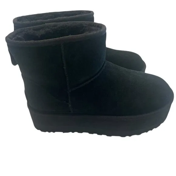 $130 UGG CLASSIC ULTRA MINI PLATFORM BLACK FUR SUEDE WOMENS BOOTS SIZE US 10 NEW
