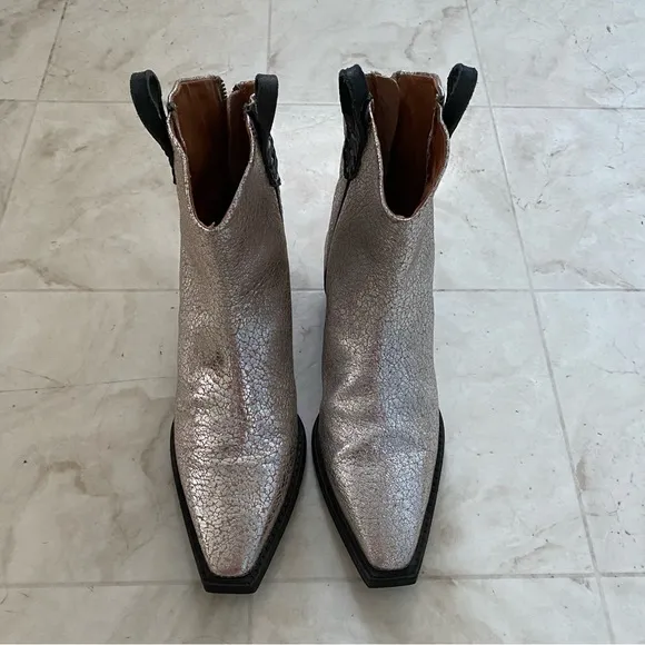 $298 Free People We The Free Wesley Western Silver Metallic Leather Ankle Boots