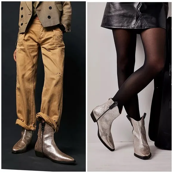 $298 Free People We The Free Wesley Western Silver Metallic Leather Ankle Boots