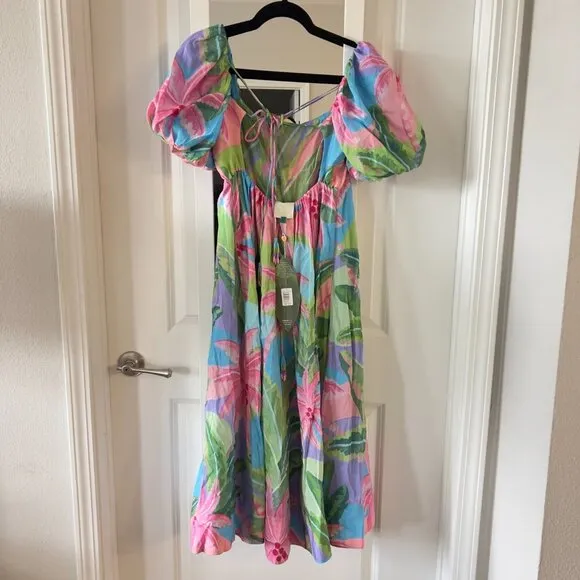 474 NEW Farm Rio Beach Vibe Midi Dress Size Medium Color Blue Pink Green