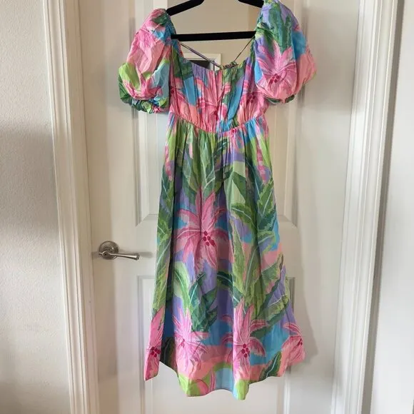 474 NEW Farm Rio Beach Vibe Midi Dress Size Medium Color Blue Pink Green
