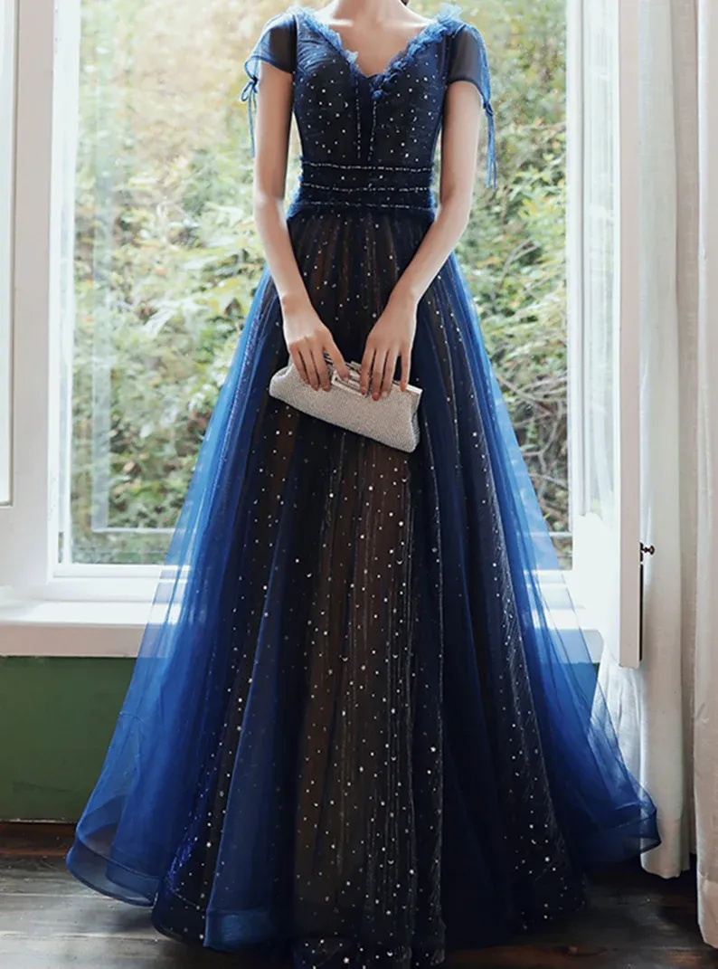 A-line Tulle Navy Blue Long Evening Dress, V Neck Banquet Dress Short Sleeve Party Dresses