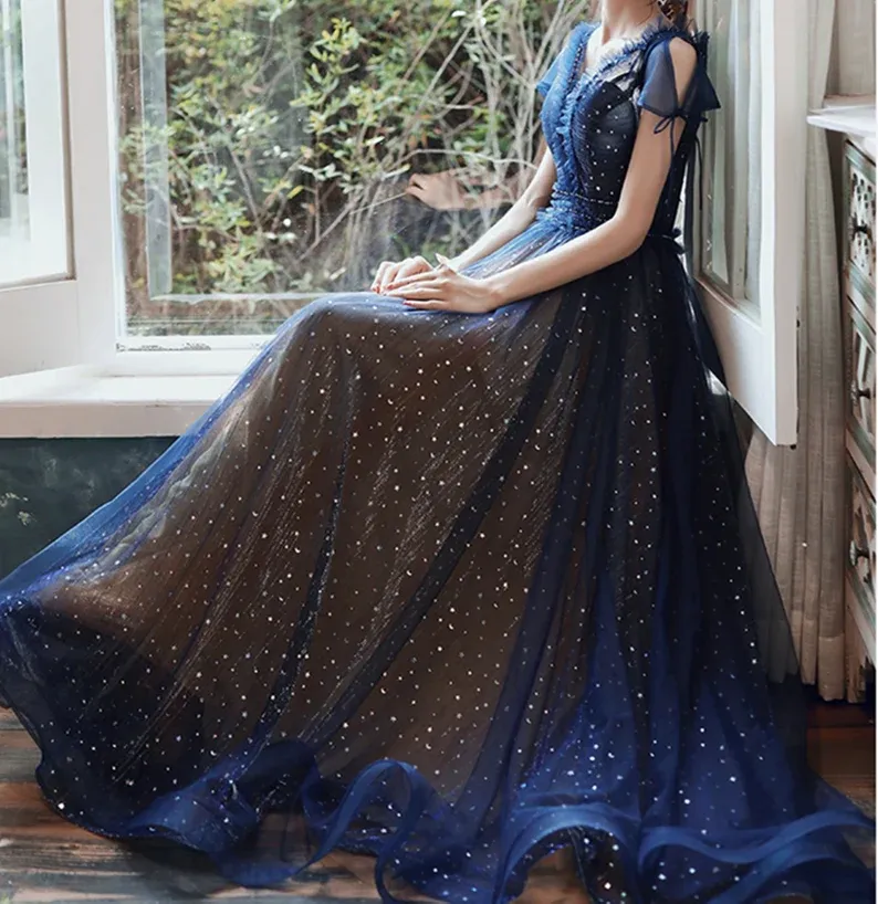 A-line Tulle Navy Blue Long Evening Dress, V Neck Banquet Dress Short Sleeve Party Dresses