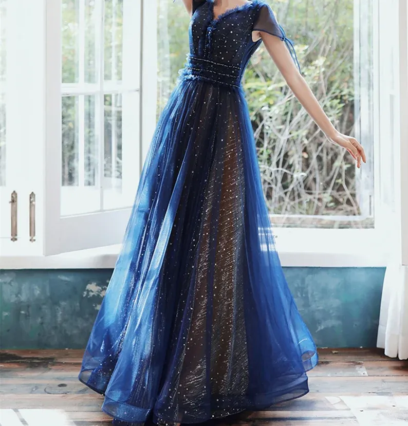 A-line Tulle Navy Blue Long Evening Dress, V Neck Banquet Dress Short Sleeve Party Dresses