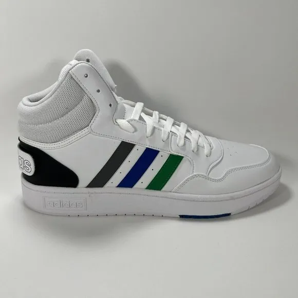 adidas Men's 11.5 Hoops 3.0 Mid Basketball Shoe White/Green/Team Royal Blue