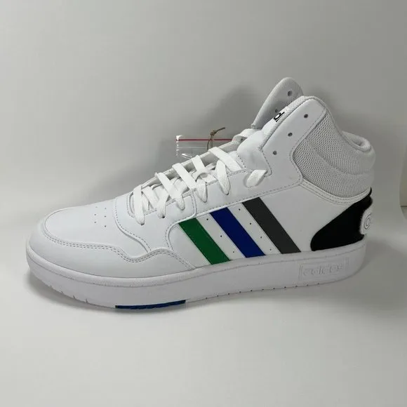adidas Men's 11.5 Hoops 3.0 Mid Basketball Shoe White/Green/Team Royal Blue