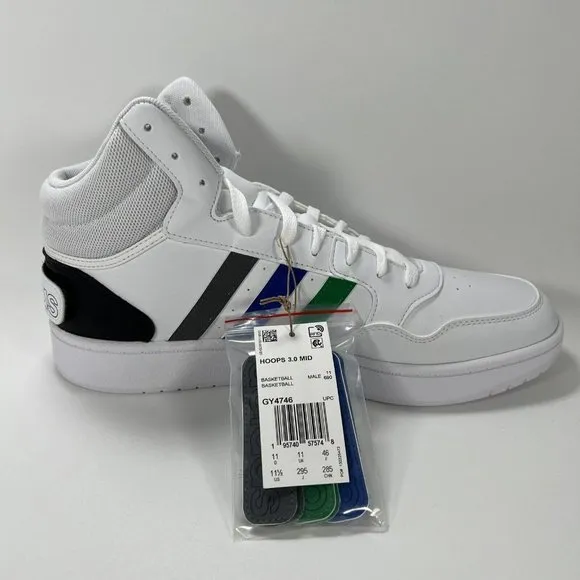 adidas Men's 11.5 Hoops 3.0 Mid Basketball Shoe White/Green/Team Royal Blue