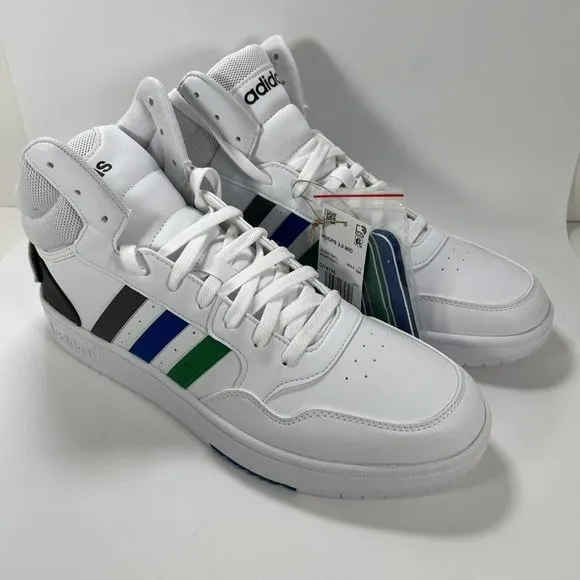 adidas Men's 11.5 Hoops 3.0 Mid Basketball Shoe White/Green/Team Royal Blue