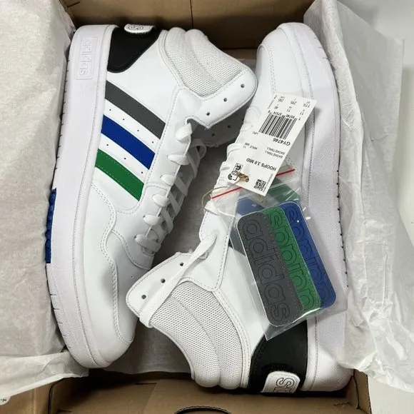 adidas Men's 11.5 Hoops 3.0 Mid Basketball Shoe White/Green/Team Royal Blue