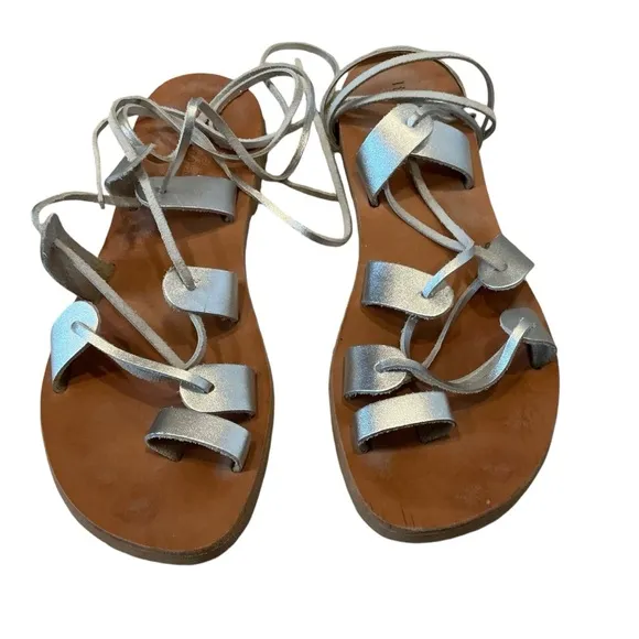Ancient Greek silver leather Elegant Lace-Up gladiator Sandals for Women size 41