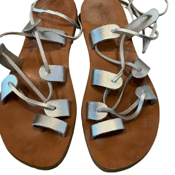Ancient Greek silver leather Elegant Lace-Up gladiator Sandals for Women size 41