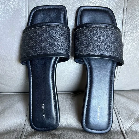 Anine Bing Ria Black Slides Sz 39 US 8.5 Logo Monogram Sandals Black Gray Chic