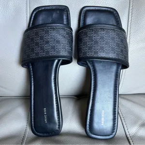 Anine Bing Ria Black Slides Sz 39 US 8.5 Logo Monogram Sandals Black Gray Chic