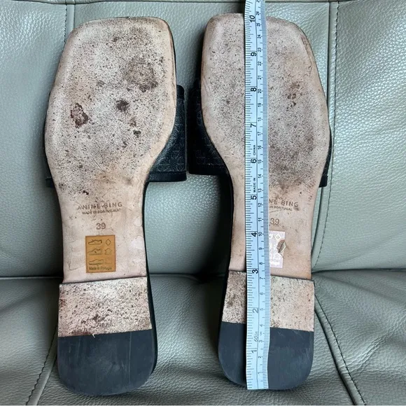 Anine Bing Ria Black Slides Sz 39 US 8.5 Logo Monogram Sandals Black Gray Chic