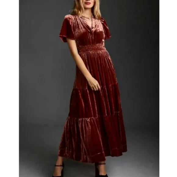 Anthropologie 1X NWT Somerset Velvet Edition Maxi Dress Long Tiered Rasberry