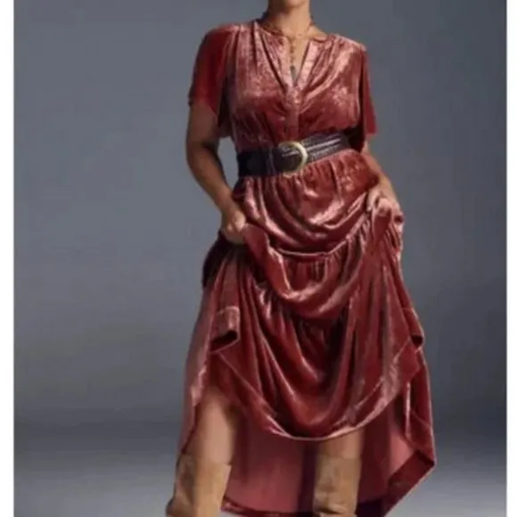 Anthropologie 1X NWT Somerset Velvet Edition Maxi Dress Long Tiered Rasberry