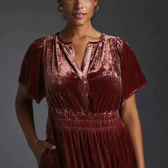 Anthropologie 1X NWT Somerset Velvet Edition Maxi Dress Long Tiered Rasberry