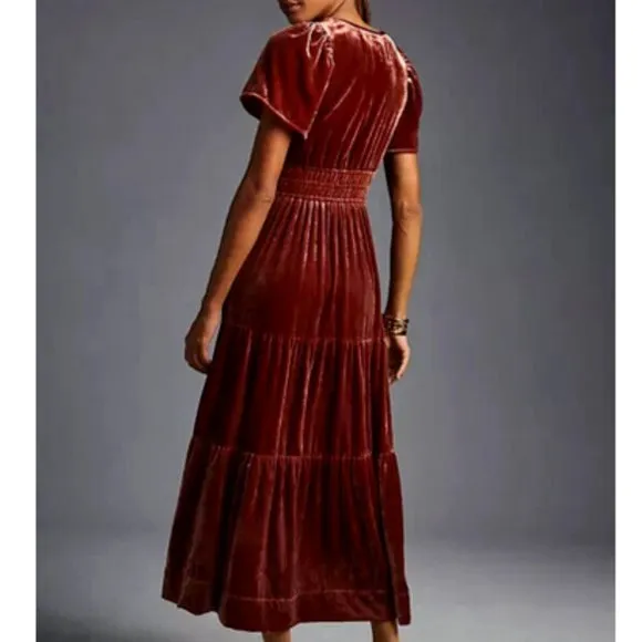 Anthropologie 1X NWT Somerset Velvet Edition Maxi Dress Long Tiered Rasberry