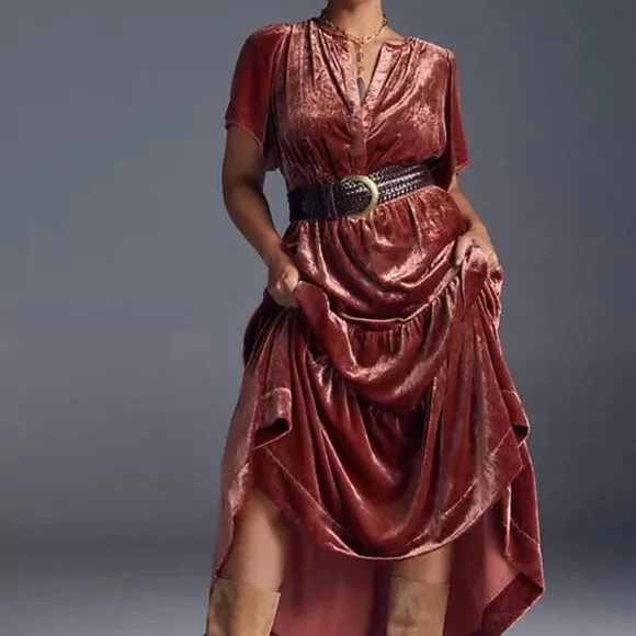 Anthropologie 1X NWT Somerset Velvet Edition Maxi Dress Long Tiered Rasberry