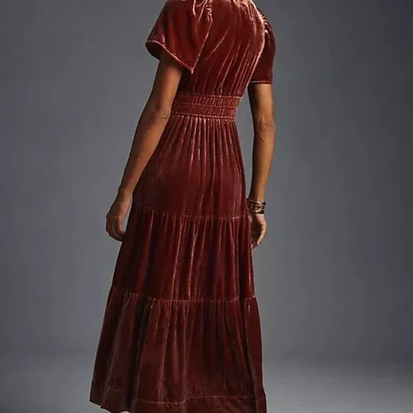 Anthropologie 1X NWT Somerset Velvet Edition Maxi Dress Long Tiered Rasberry