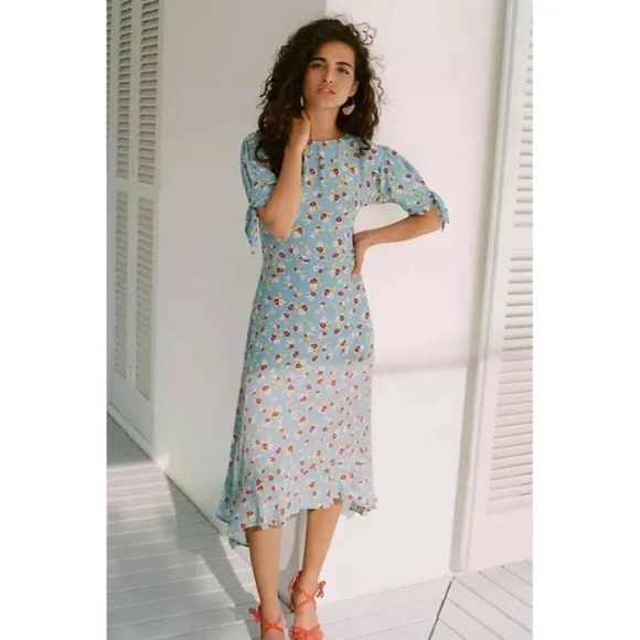 Anthropologie Faithfull The Brand Erin Floral Midi Dress Jasmin Blue Floral 6/M