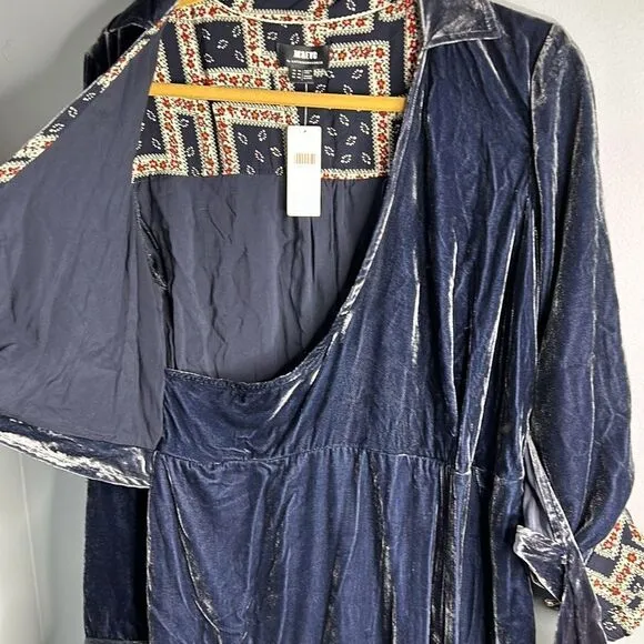 Anthropologie Maeve Crushed Blue Velvet Wrap Dress Roll Tab Sleeve Buckle Sz 10
