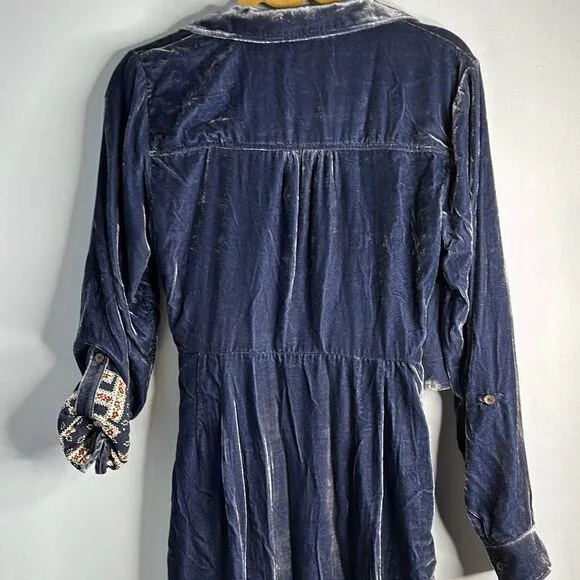 Anthropologie Maeve Crushed Blue Velvet Wrap Dress Roll Tab Sleeve Buckle Sz 10