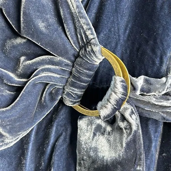 Anthropologie Maeve Crushed Blue Velvet Wrap Dress Roll Tab Sleeve Buckle Sz 10
