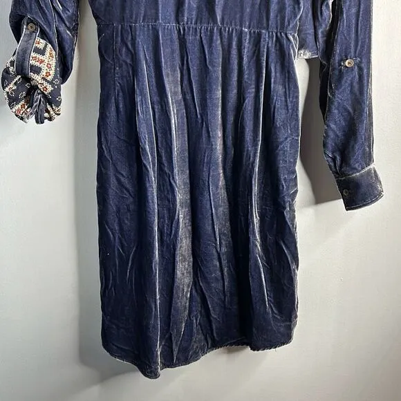Anthropologie Maeve Crushed Blue Velvet Wrap Dress Roll Tab Sleeve Buckle Sz 10