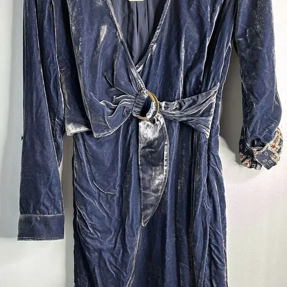 Anthropologie Maeve Crushed Blue Velvet Wrap Dress Roll Tab Sleeve Buckle Sz 10
