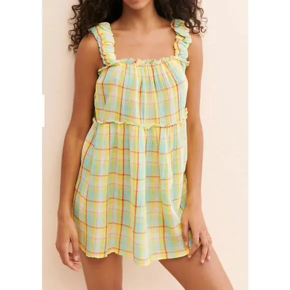 Anthropologie Oversized Plaid Playful Ruffle Strap Plaid Mini Dress Tunic Tank M