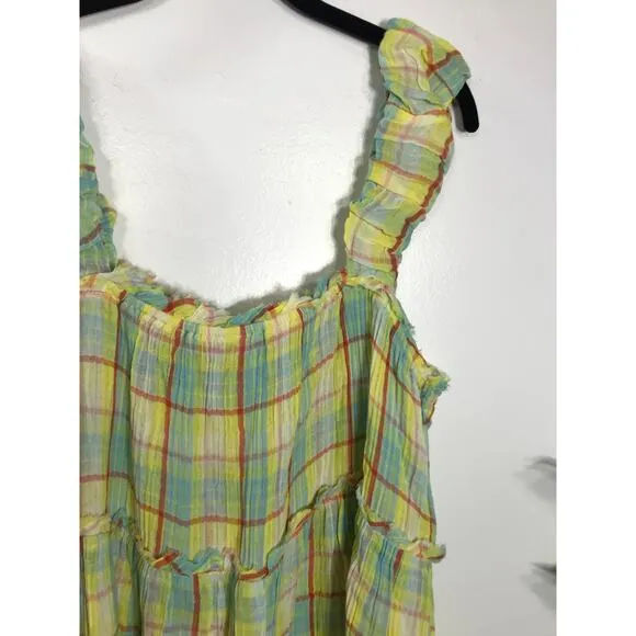 Anthropologie Oversized Plaid Playful Ruffle Strap Plaid Mini Dress Tunic Tank M