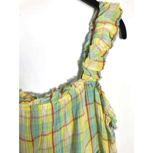 Anthropologie Oversized Plaid Playful Ruffle Strap Plaid Mini Dress Tunic Tank M